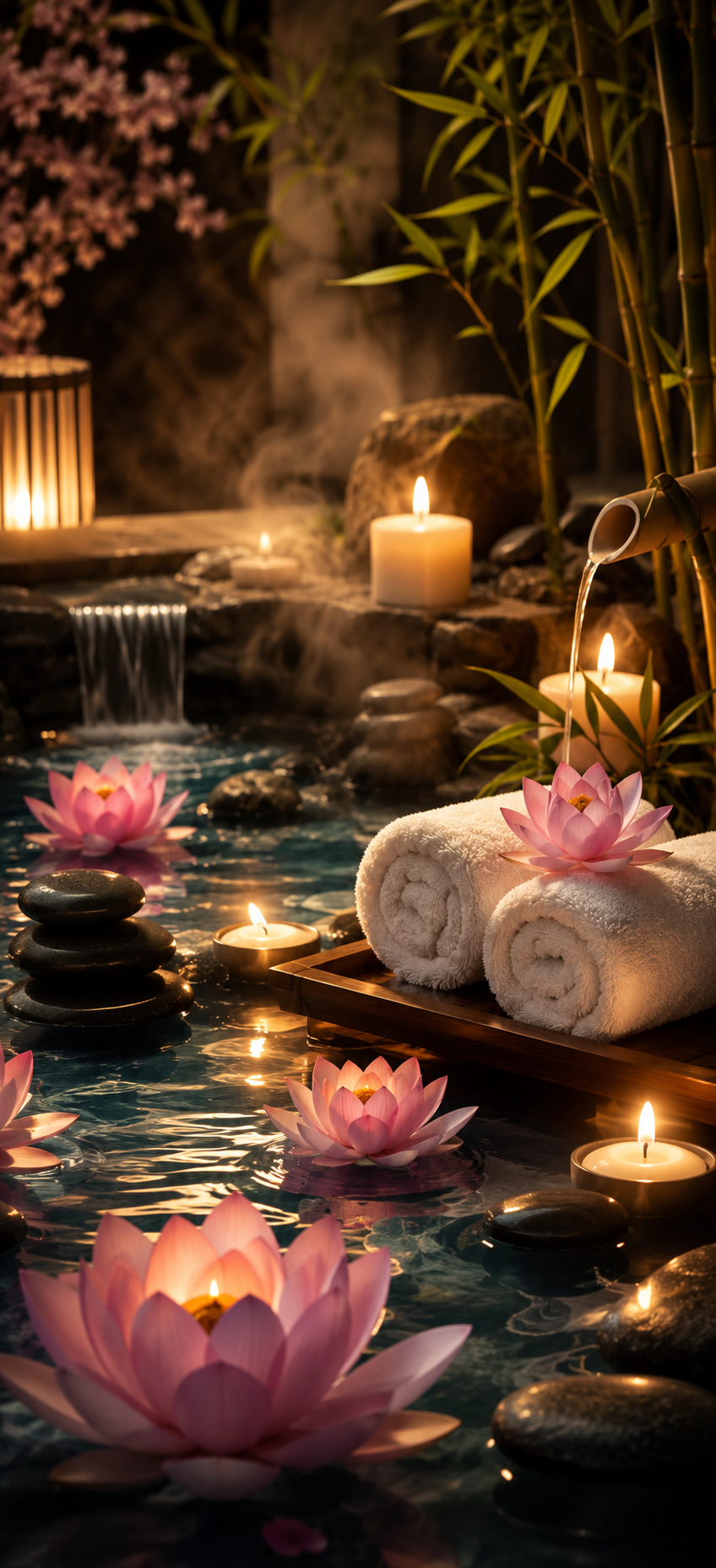 Spa Setup with Candles and Orchids